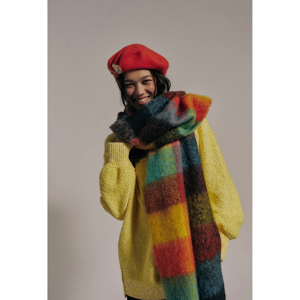Free People Coming Home Plaid Scarf Oversized Colorful Fringe Blanket Wrap